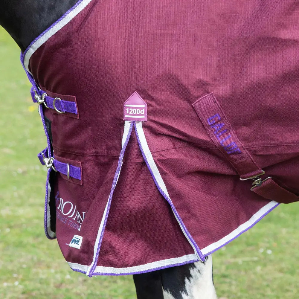 Maroon gallop trojan xtra lightweight turnout rug with purple white trim adjustable straps and 1200d fabric label