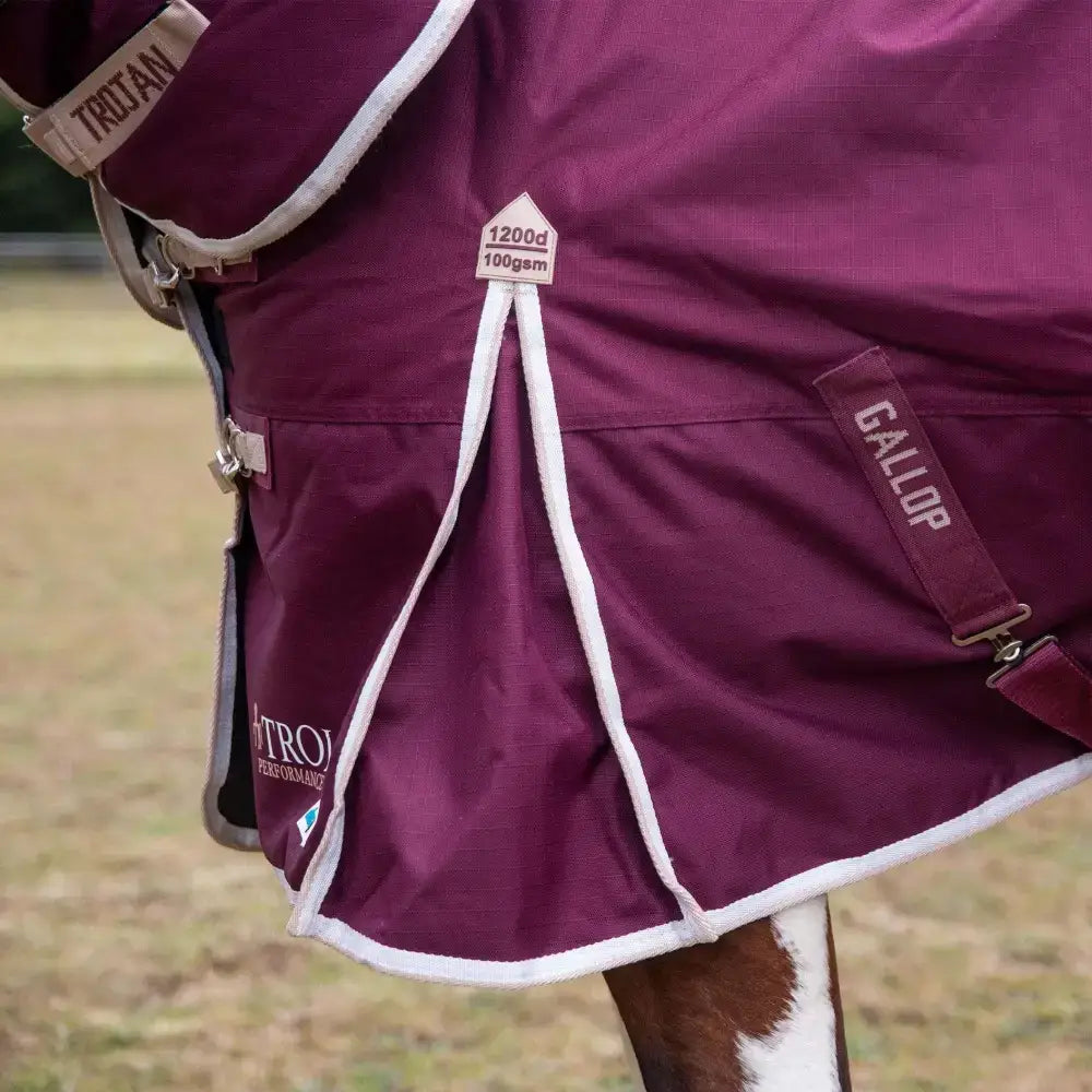 Maroon gallop trojan xtra 100g lightweight turnout rug combo with white trim adjustable straps and triton branding