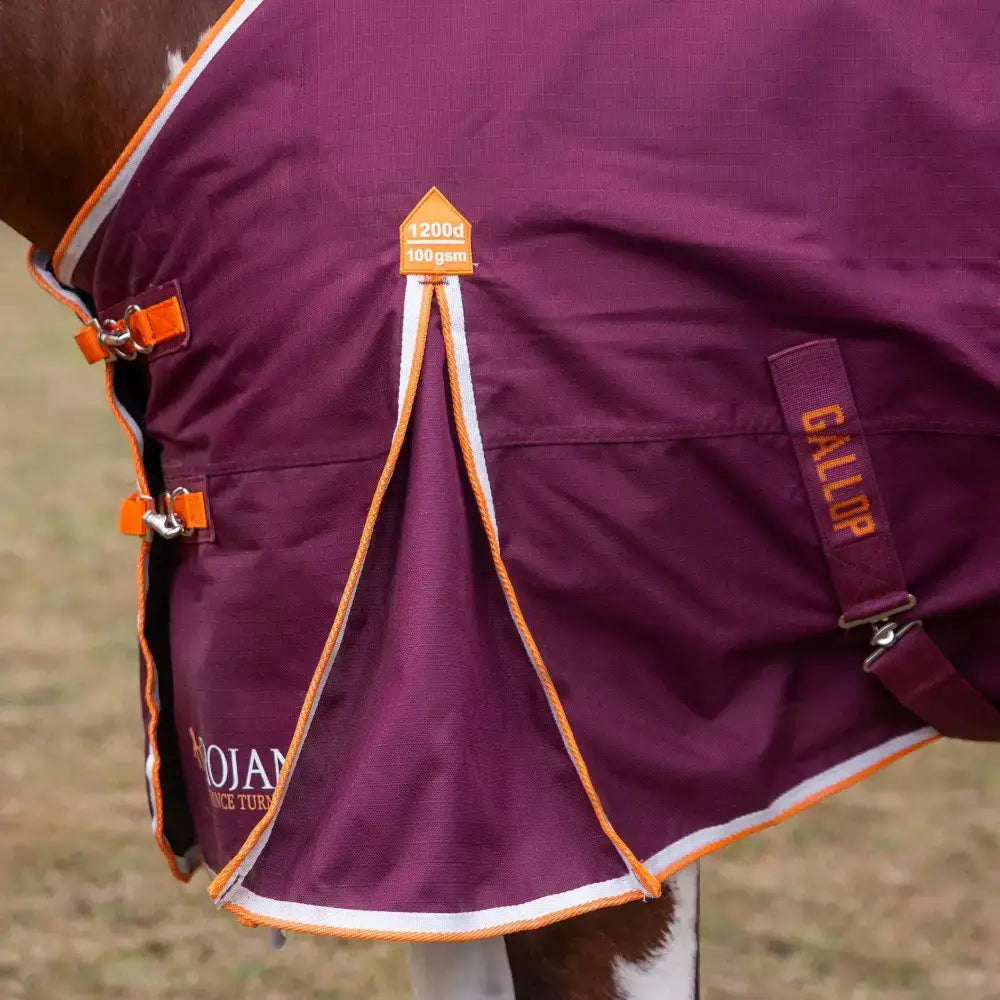 Purple gallop trojan xtra duraproof 100g lightweight turnout rug with orange and white trim and brand strap
