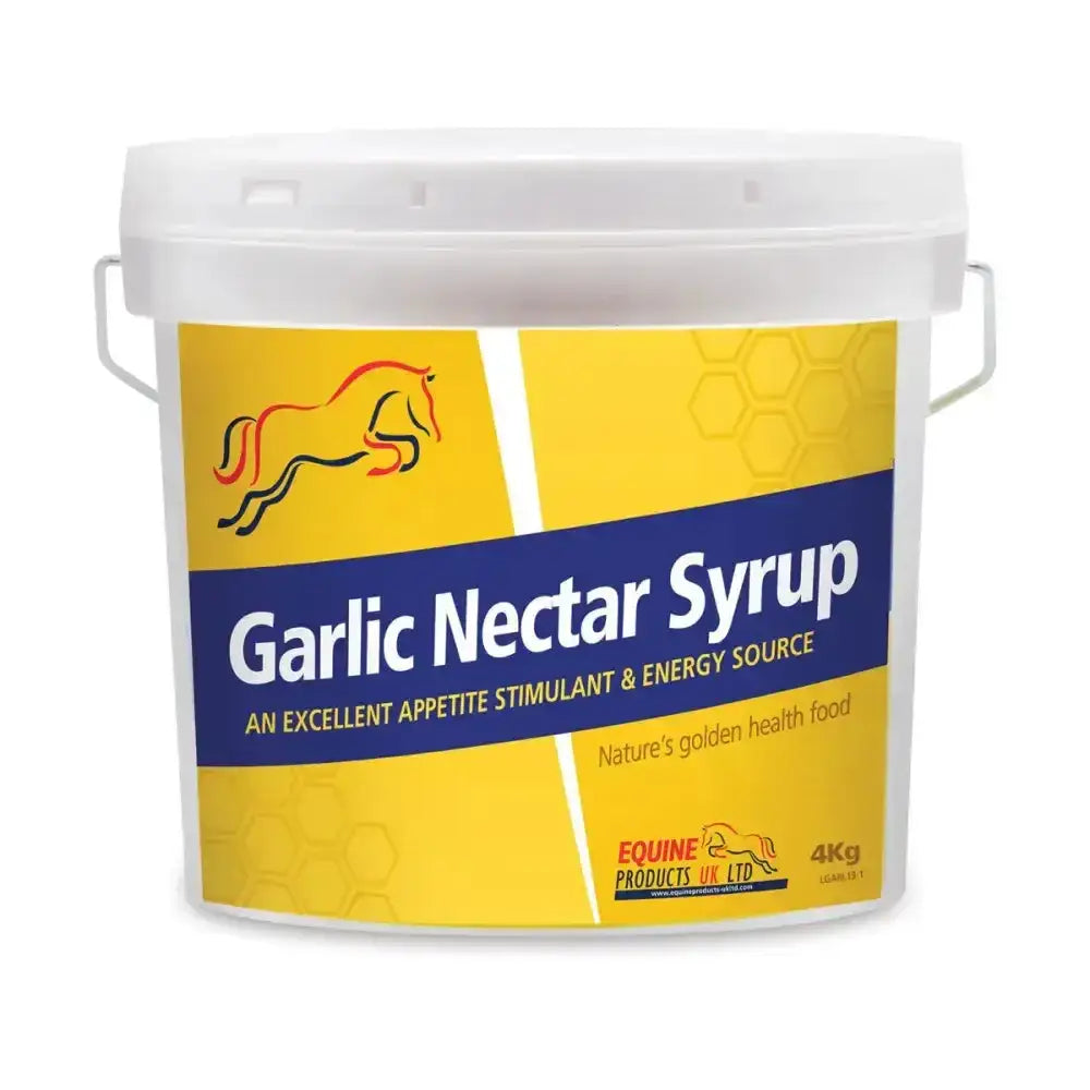A white plastic bucket of garlic nectar syrup by equine products uk ltd 4kg excellent appetite stimulant for horses