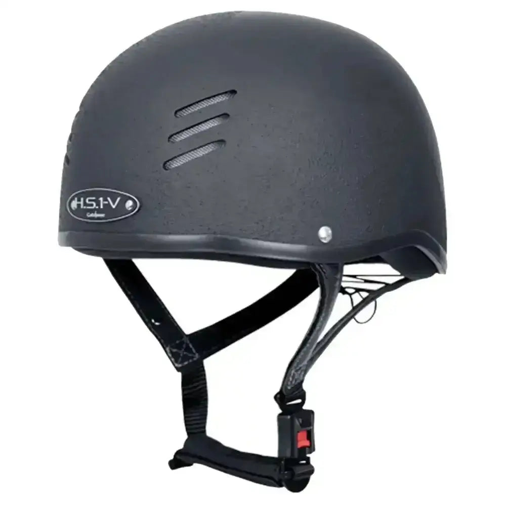 Black matte gatehouse hs1-v vented jockey skull helmet with ventilation slits and branded logo on the side