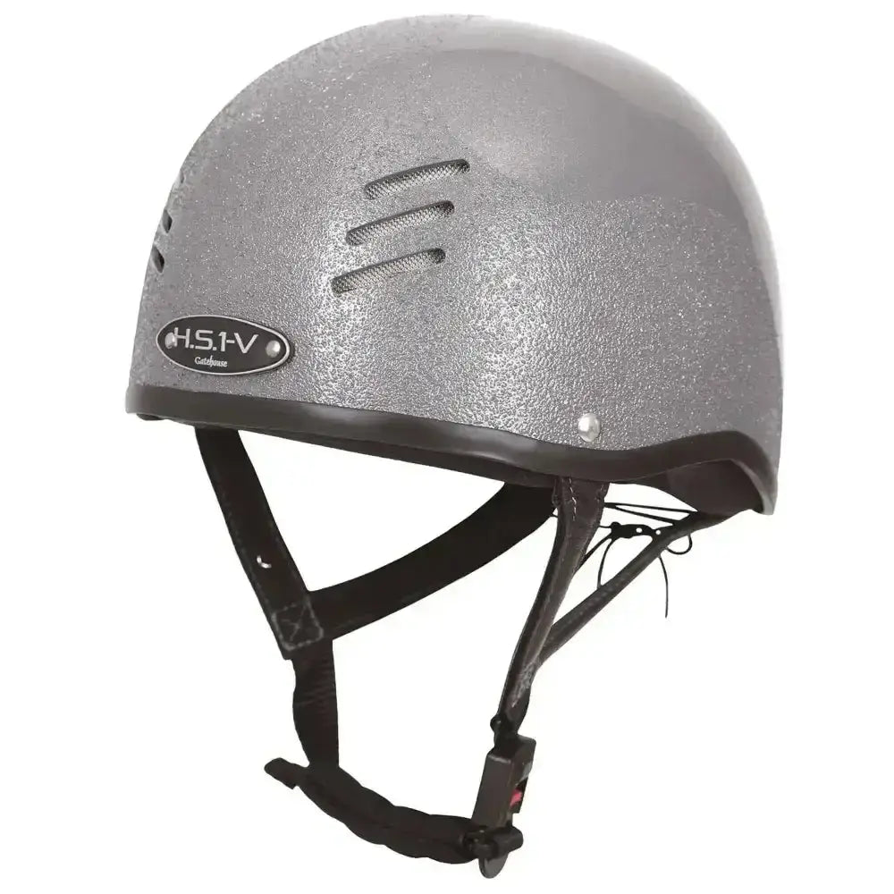 Silver glitter gatehouse hs1-v vented jockey skull helmet with black straps and sleek aerodynamic design for riding