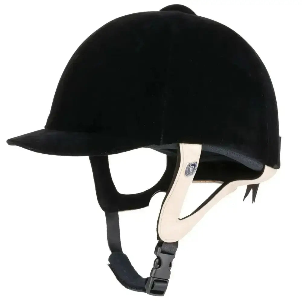 Black velvet gatehouse jeunesse velvet equestrian helmet with smooth rounded dome and short brim for riding use