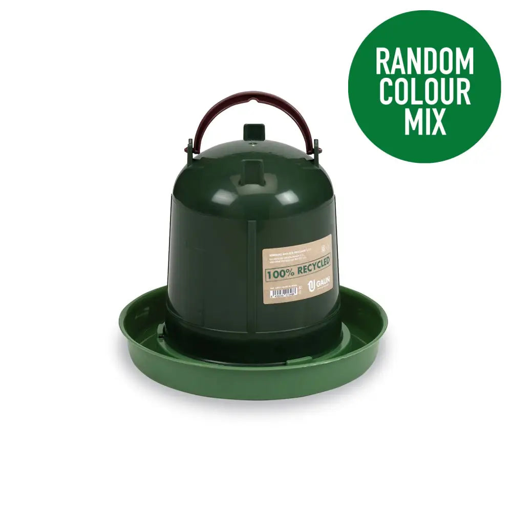 Dark green plastic gaun chicken drinker eco with matching base and maroon handle for recycled poultry use