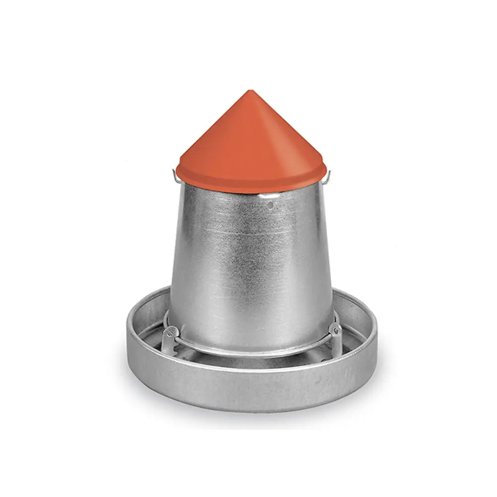 Orange plastic gaun lid on galvanized metal 5kg and 10kg feeder with circular base for poultry feeding