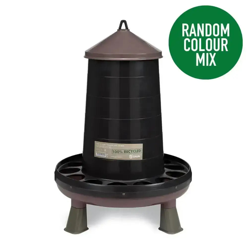 Black and brown gaun poultry feeder plastic made from recycled plastic range with conical top and three sturdy legs