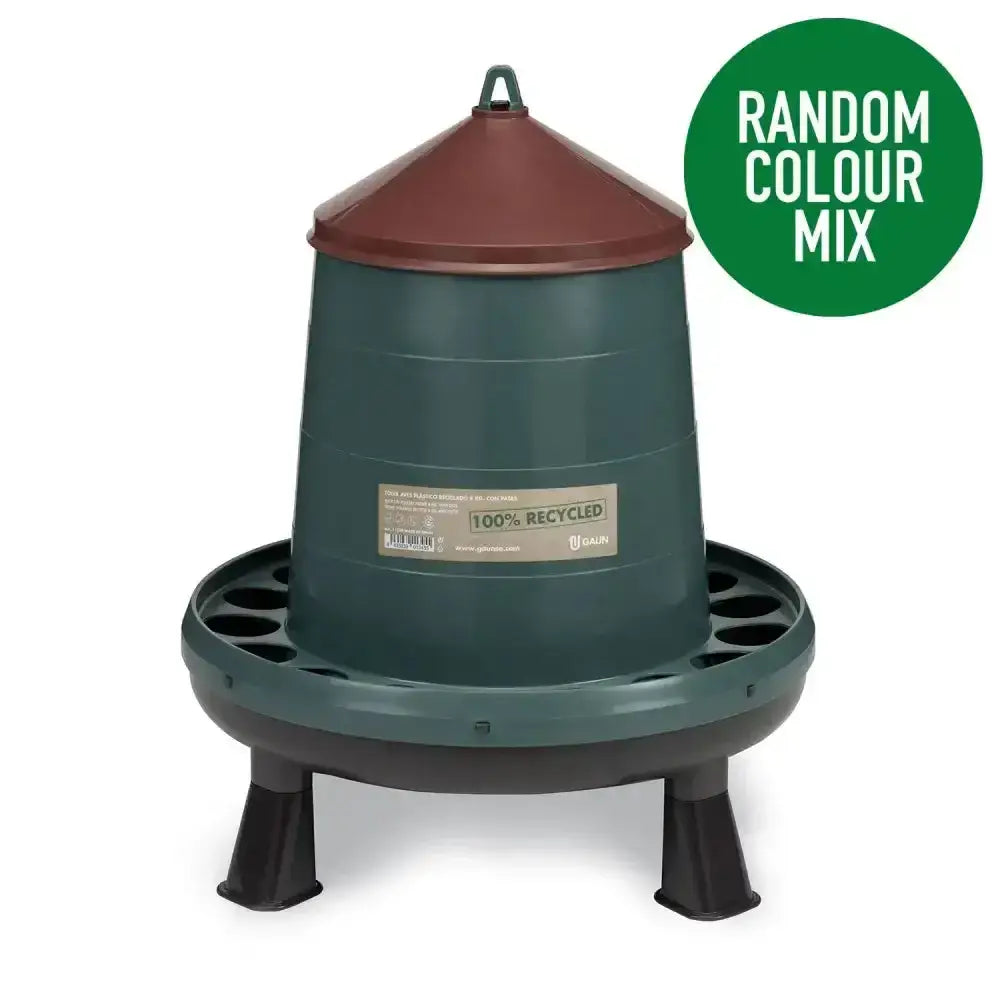 Dark green and brown gaun poultry feeder plastic recycled plastic range with conical top and sturdy legs for easy feeding