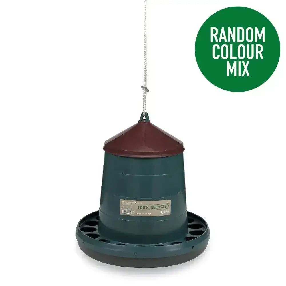 Dark green and maroon gaun poultry feeder plastic recycled with circular base and feeding slots for easy feed access