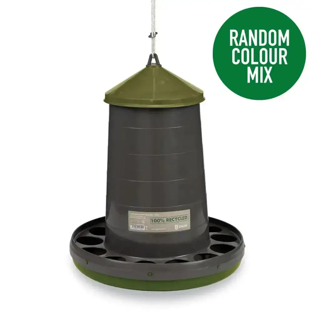 Olive green and dark grey gaun poultry feeder plastic made from 100 percent recycled plastic range with conical top and feeding holes