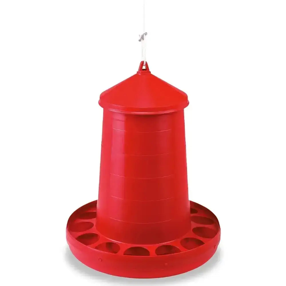 Red gaun poultry feeder made of durable plastic with conical body and circular base feeding slots plastic feeder designed