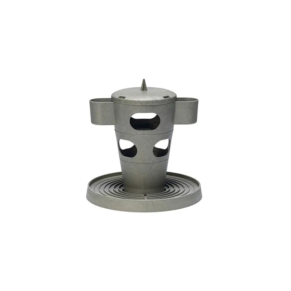 Silver metallic snak feed tower with conical body and handles made from 100 percent recycled plastic for chickens