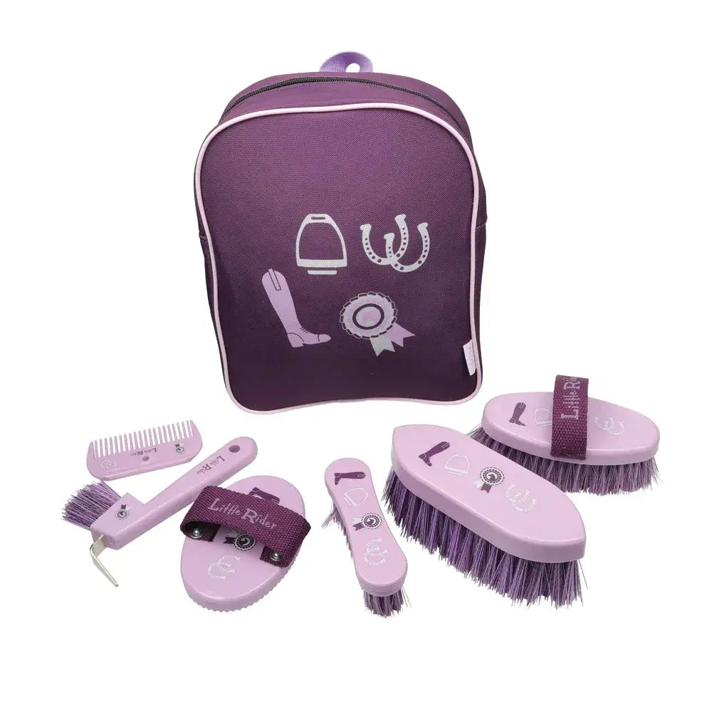Purple and light pink gymkhana complete grooming kit rucksack with brushes comb hoof pick and equestrian graphics by little rider