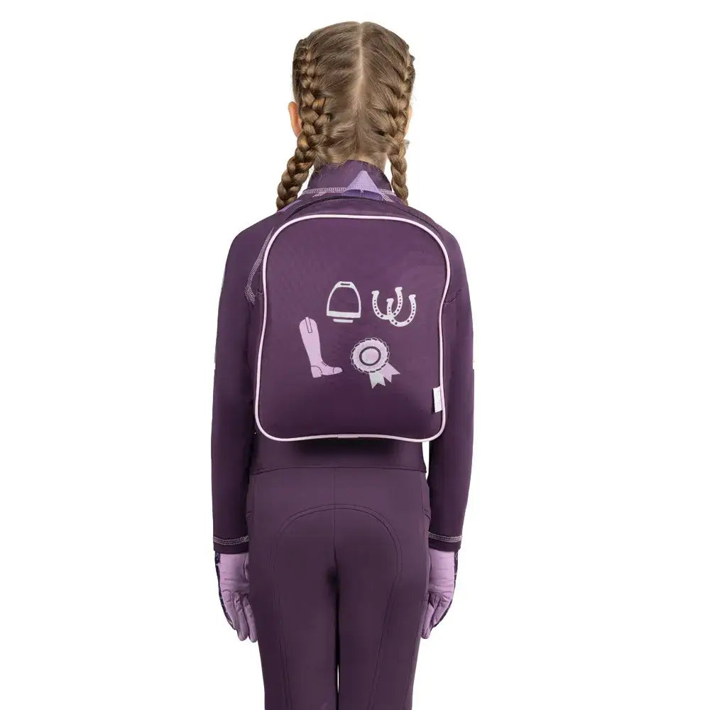 Purple gymkhana complete grooming kit rucksack with white embroidered horse gear icons by little rider