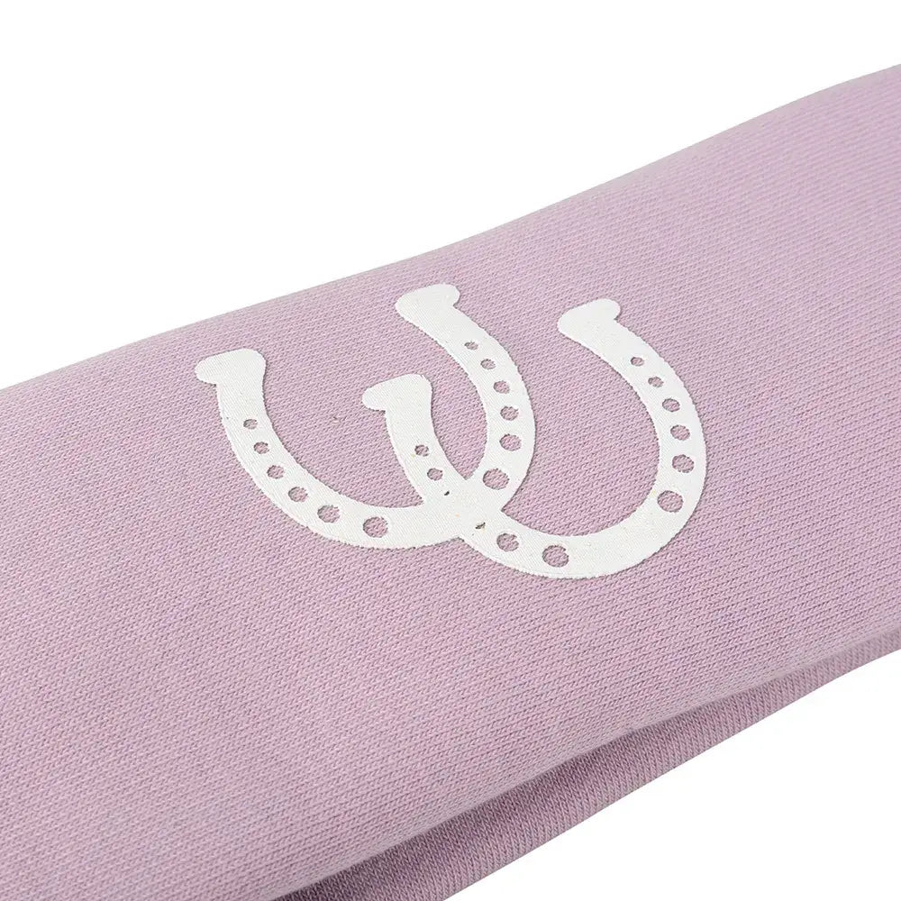 A soft lavender gymkhana headband with a white three-horseshoe appliqué perfect for equestrian lovers