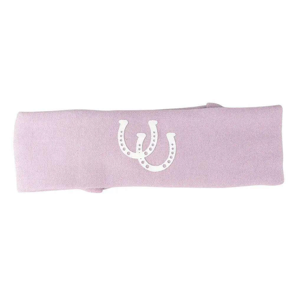 A soft lavender gymkhana headband with a white horseshoe logo perfect for equestrian fans and horses lovers by little rider