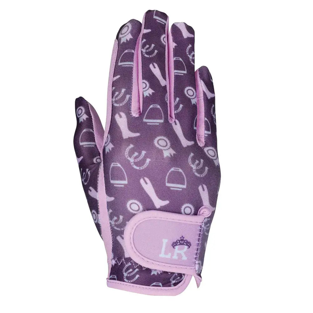 Back of purple and pink gymkhana riding gloves with white horse icons and lr logo on wrist strap by Little Rider