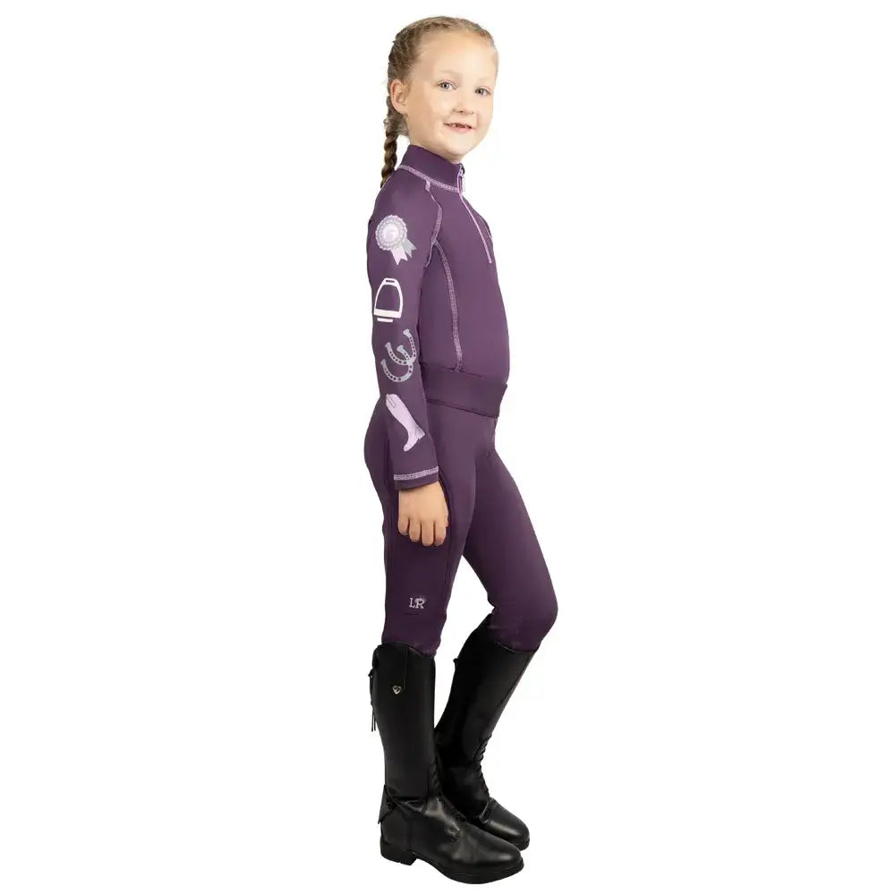 Purple giddy up gymkhana riding tights by little rider with white horse graphics on sleeves perfect for gymkhana riding