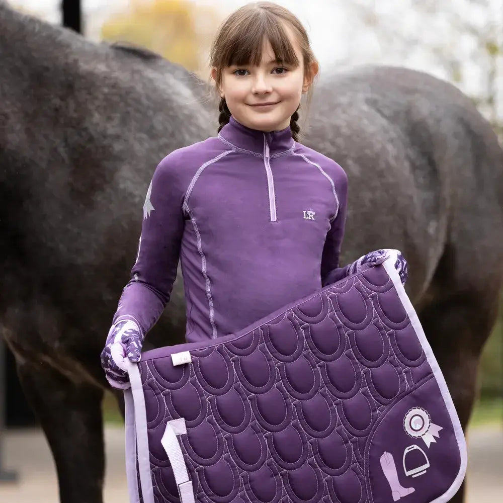 Purple quilted gymkhana saddle pad with stitched horseshoes and embroidered equestrian icons by Little Rider