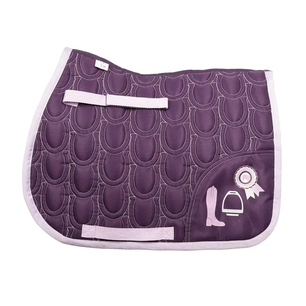 Purple quilted gymkhana saddle pad with white trim and horseshoe pattern featuring an embroidered pocket by little rider
