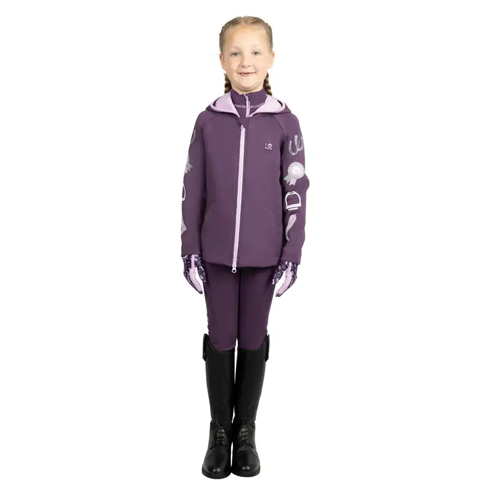 Purple equestrian gymkhana zip jacket with light purple accents and horse embroidery on sleeves by little rider