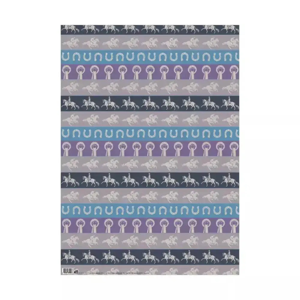 Equestrian gift wrap for horse lovers with white horse silhouettes horseshoes and ribbons on gray purple teal 500x700mm