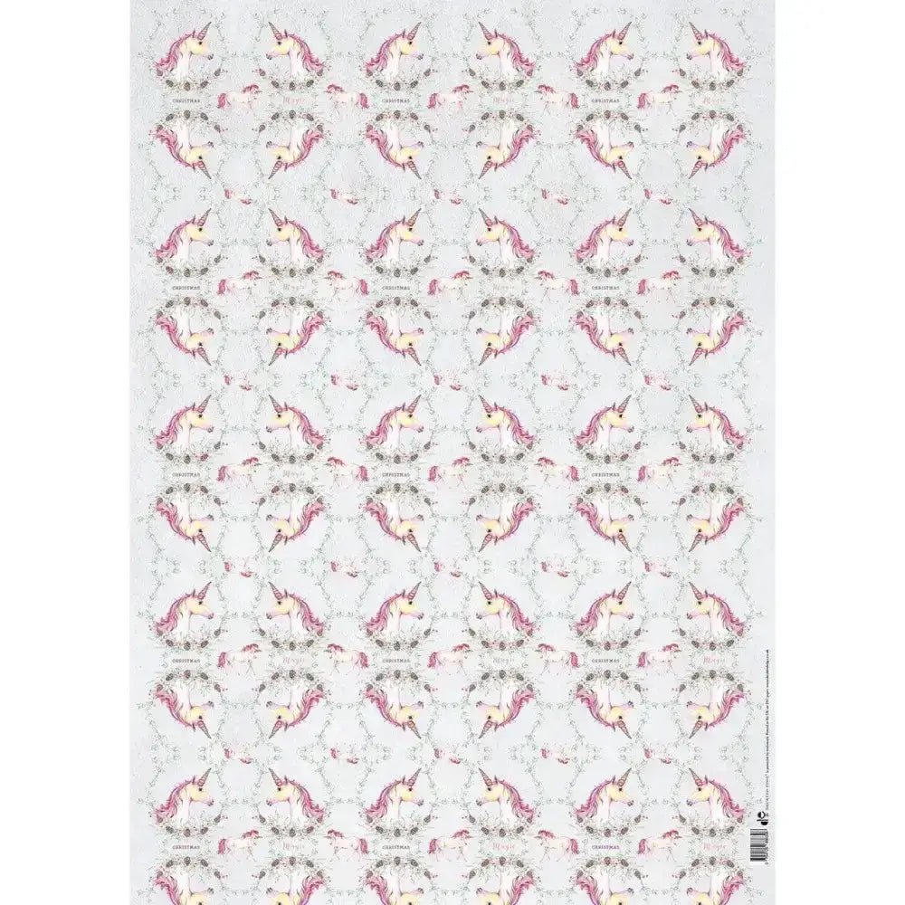 White paper gift wrap happy birthday unicorns with pastel pink and cream unicorns in floral wreaths pattern