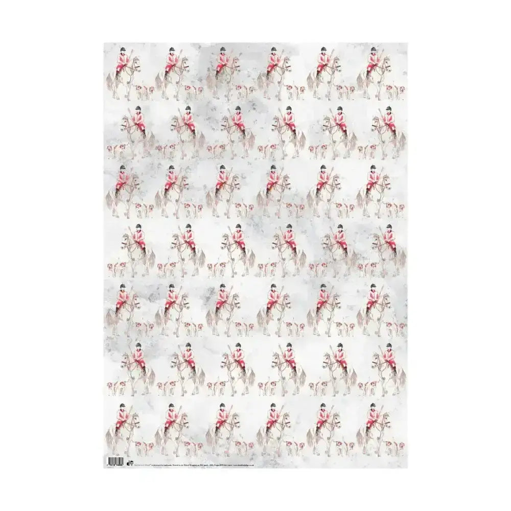 A 500x700mm gift wrap huntsman sheet featuring a pink huntsman and hounds pattern on textured light gray background