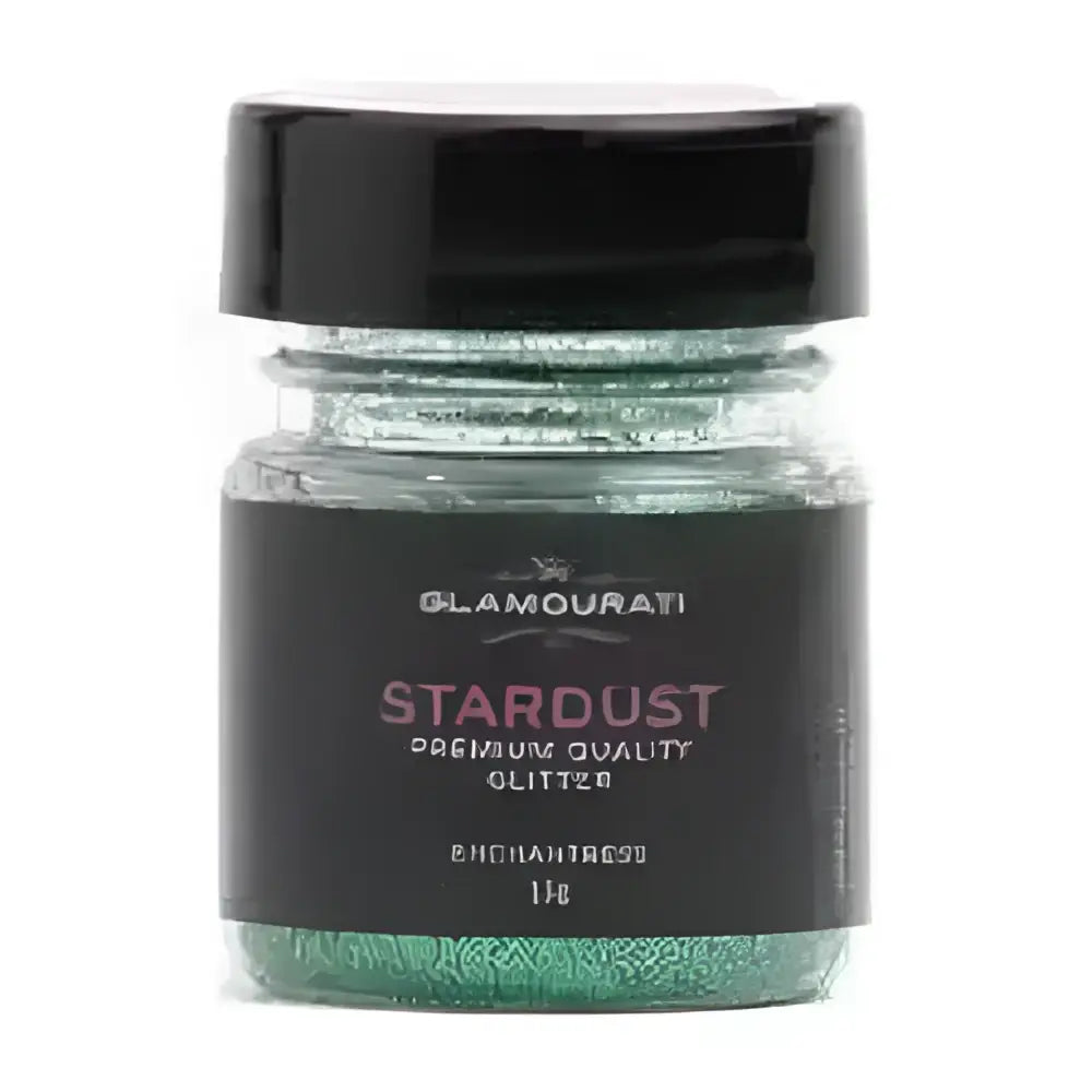 A jar of glamourati stardust glitter in enchantress green with premium cosmetic grade shimmer and black lid and label