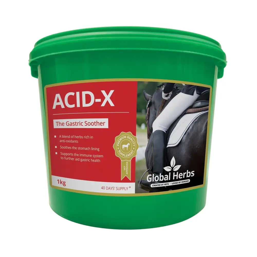 Green plastic bucket of global herbs acid-x premium gastric soothing formula 1kg gastric soother for horses