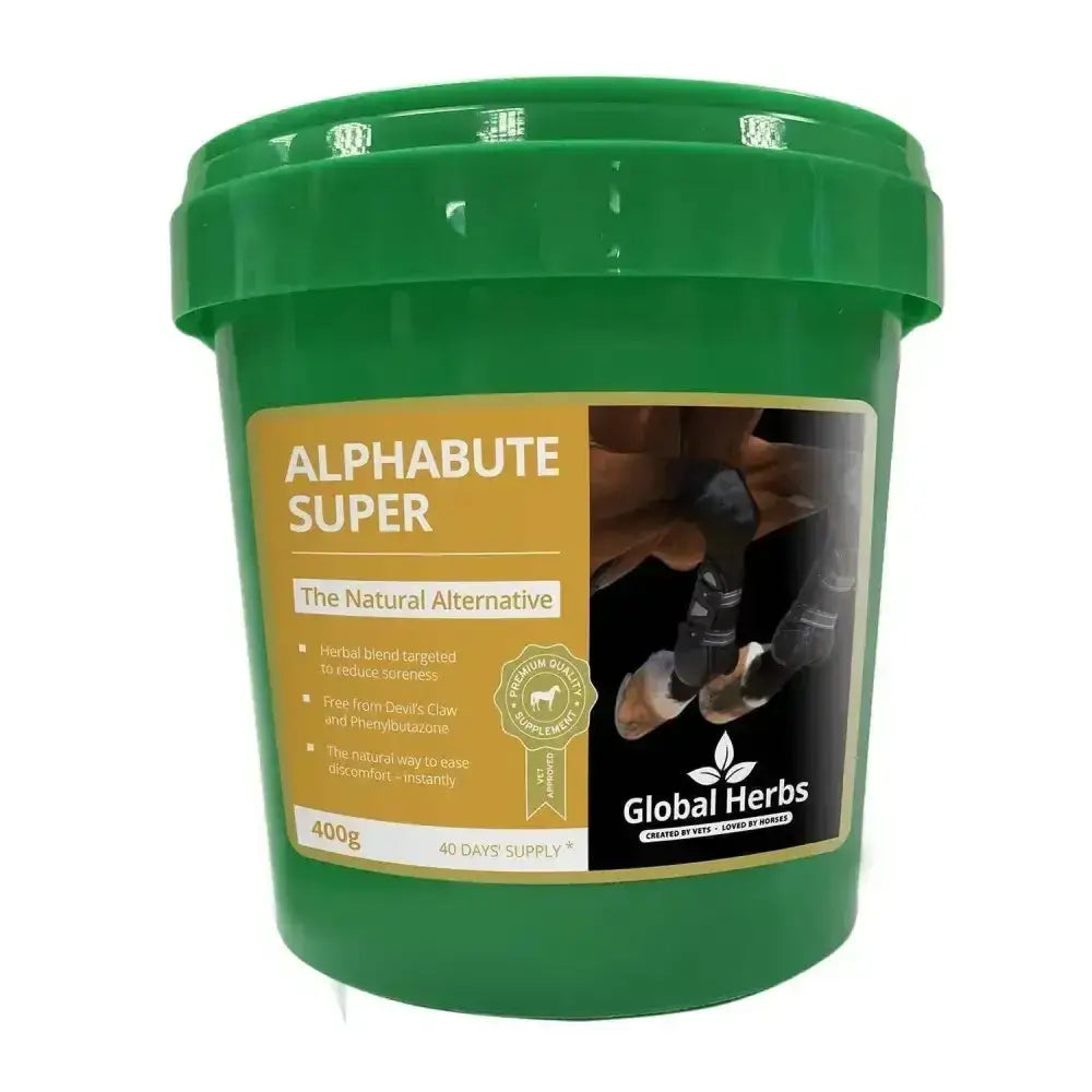 Green plastic tub of global herbs alphabute super horse herbal supplement for boosting horse health and performance