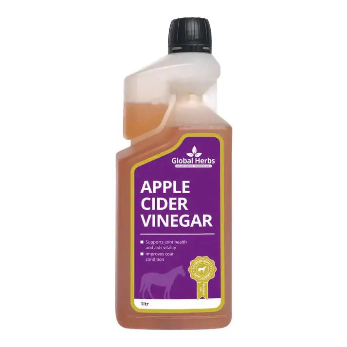 A 1-liter bottle of global herbs apple cider vinegar with a purple label and black cap for joint health and coat condition