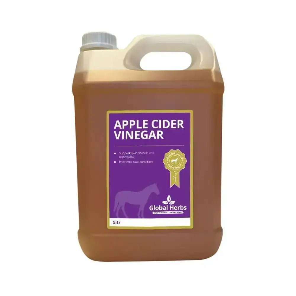 A 5-liter jug of global herbs apple cider vinegar with a purple label and gold trim for joint health and coat condition
