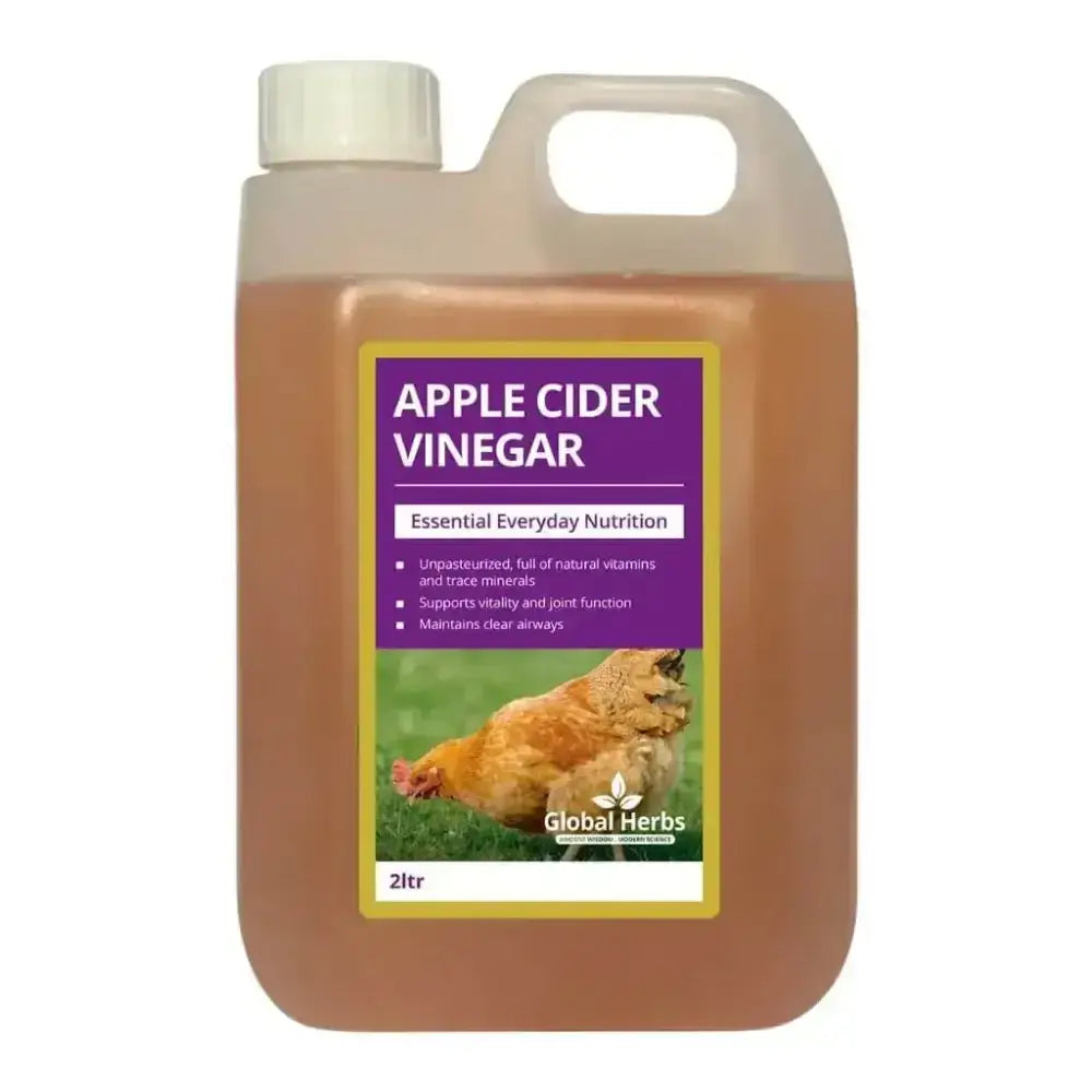 A 2ltr translucent plastic jug of global herbs apple cider vinegar with white cap and handle aids vitality for chickens