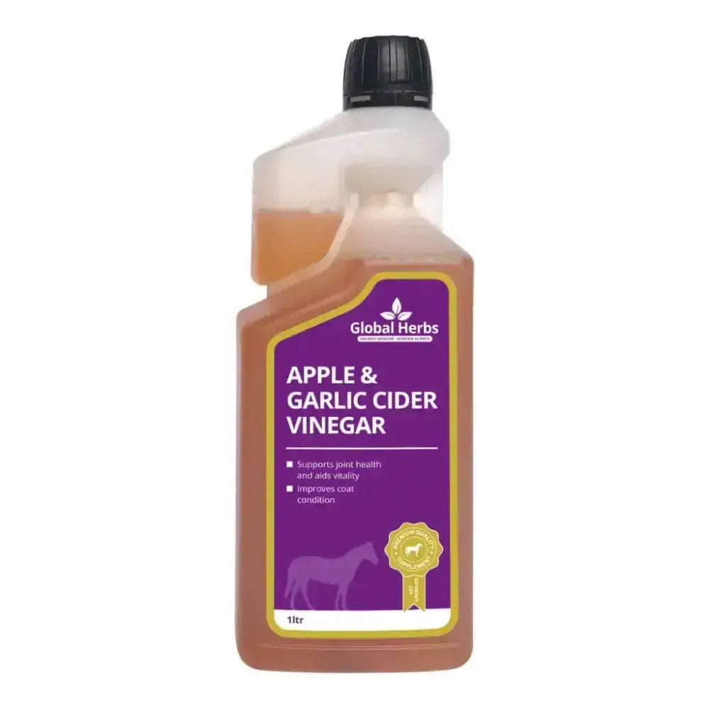 A 1-liter bottle of Global Herbs apple garlic cider vinegar with a purple label and amber liquid for equine use