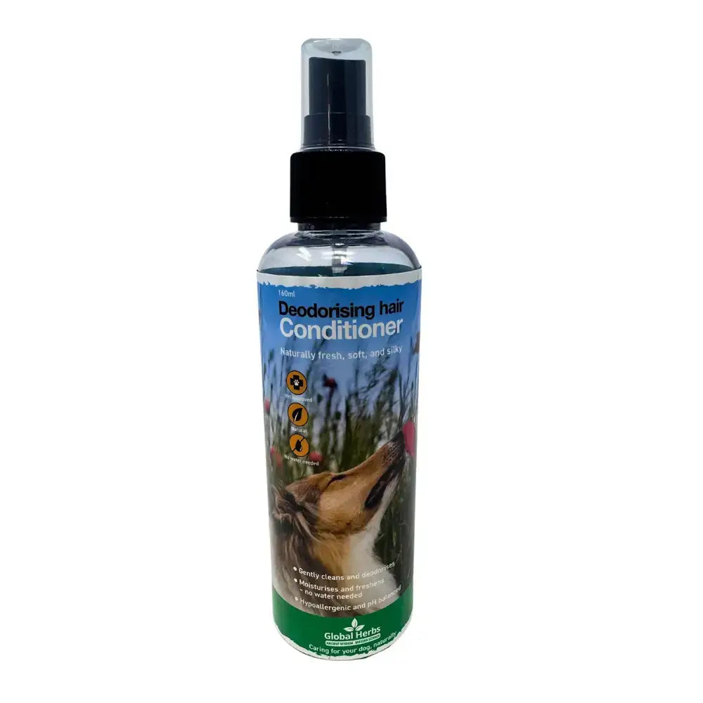 Clear plastic spray bottle with black nozzle of global herbs canine deodorising hair conditioner for easy pet care