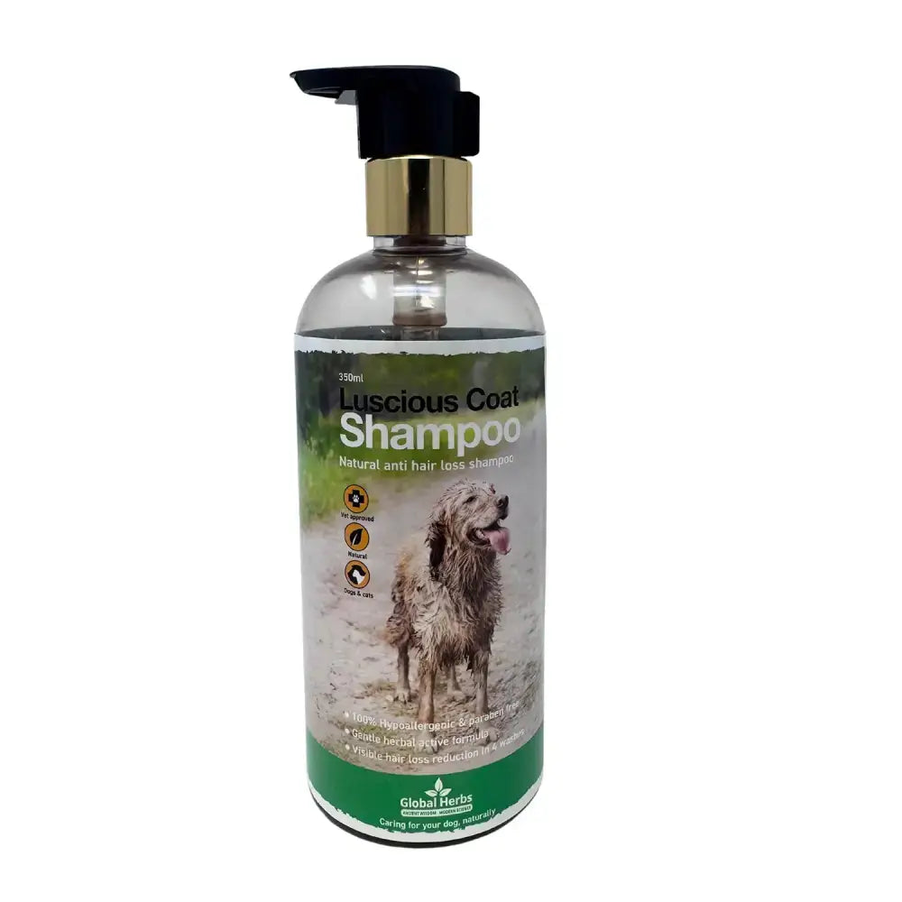Clear plastic bottle with black and gold pump of global herbs canine luscious coat luscious coat shampoo