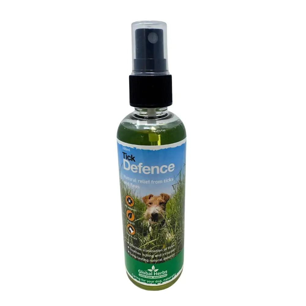 Green liquid canine tick defence spray in clear bottle with black nozzle and blue-green label by Global Herbs Canine