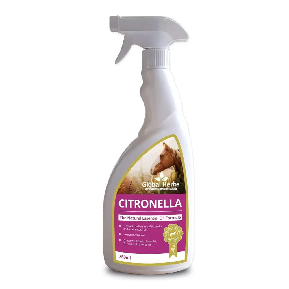 White plastic spray bottle with purple and green label global herbs citronella herbs citronella spray for soothing summer spray