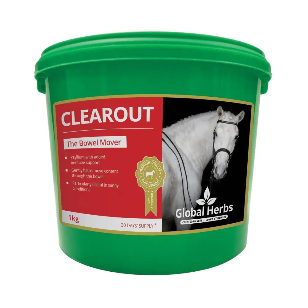 Green plastic bucket labeled clearout the bowel mover by global herbs with a red and black label featuring a white horse for gut balancers