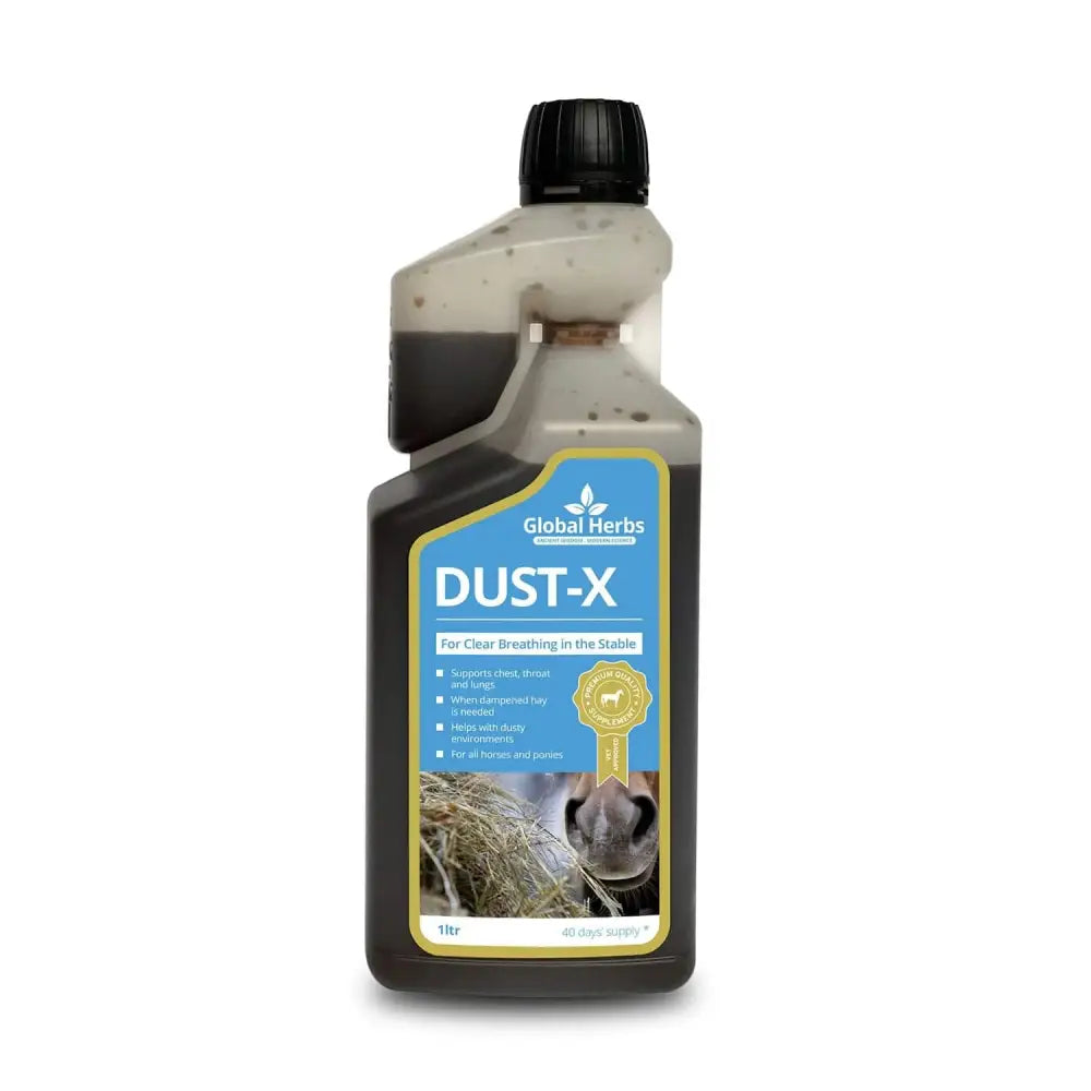 Dark brown liquid in translucent plastic bottle with black cap and blue label of global herbs dust-x malabar nut supplement