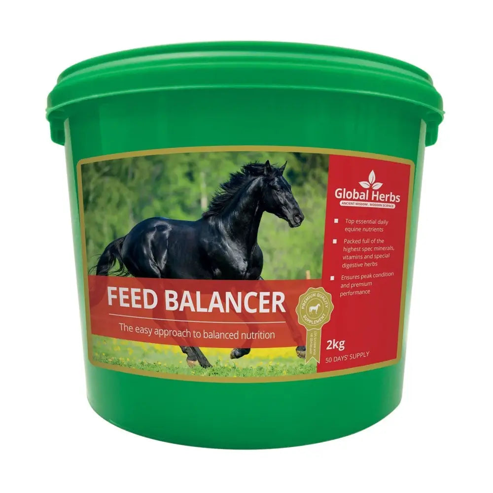 Green plastic bucket of global herbs feed balancer with black horse image providing powerful digestive support