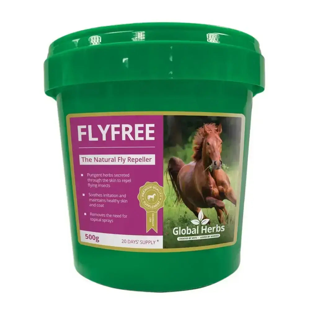 Green plastic tub of global herbs flyfree natural anti-fly supplement insect repellent supplements for horses
