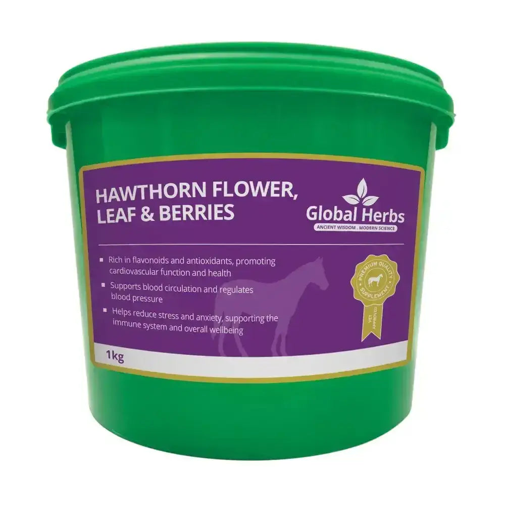 Green plastic bucket with purple label of global herbs hawthorn flower leaf and berries herbal supplement