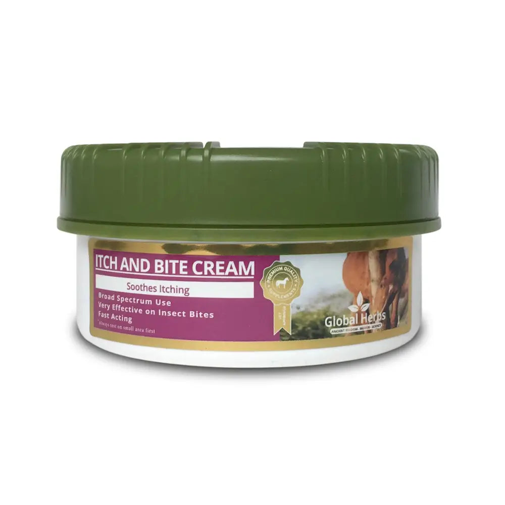 White plastic jar with green ribbed lid and purple label for global herbs itch & bite cream that soothes itching