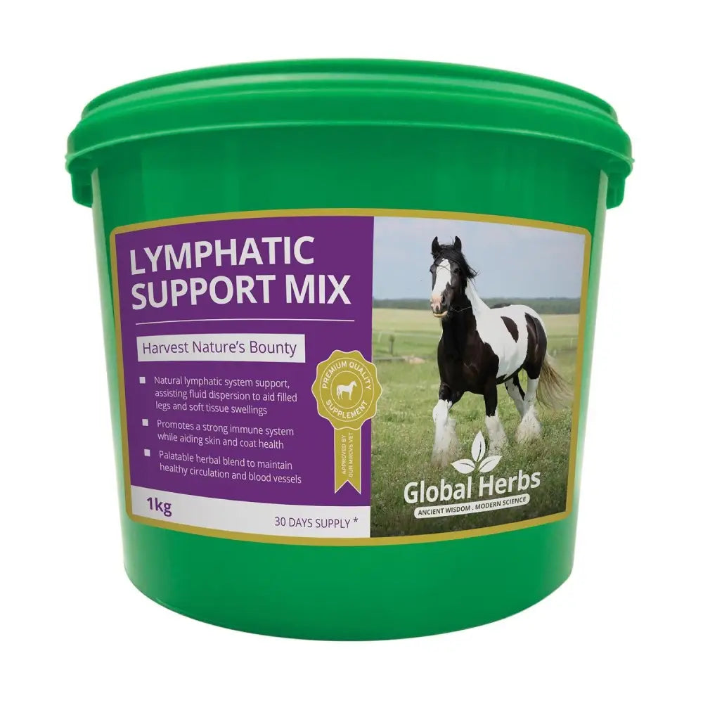Green plastic bucket of global herbs lymphatic support mix 1kg herbal supplement for horse lymphatic support mix