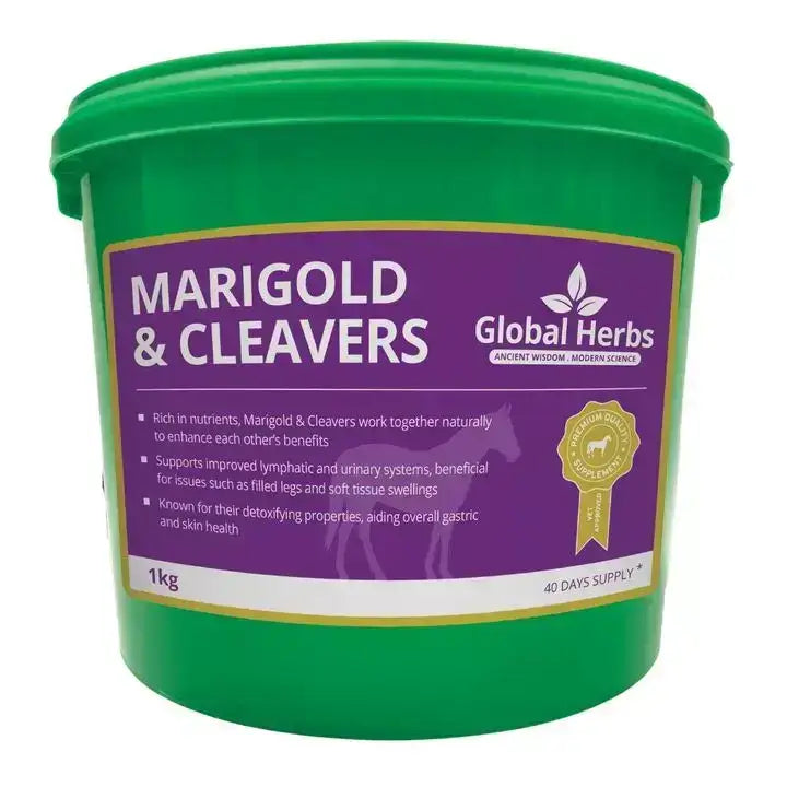 Green plastic bucket with 1kg global herbs marigold and cleavers supplement for horses rich in natural benefits
