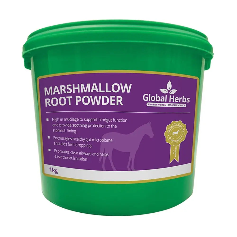 Green plastic bucket containing 1kg of global herbs marshmallow root powder for natural health use