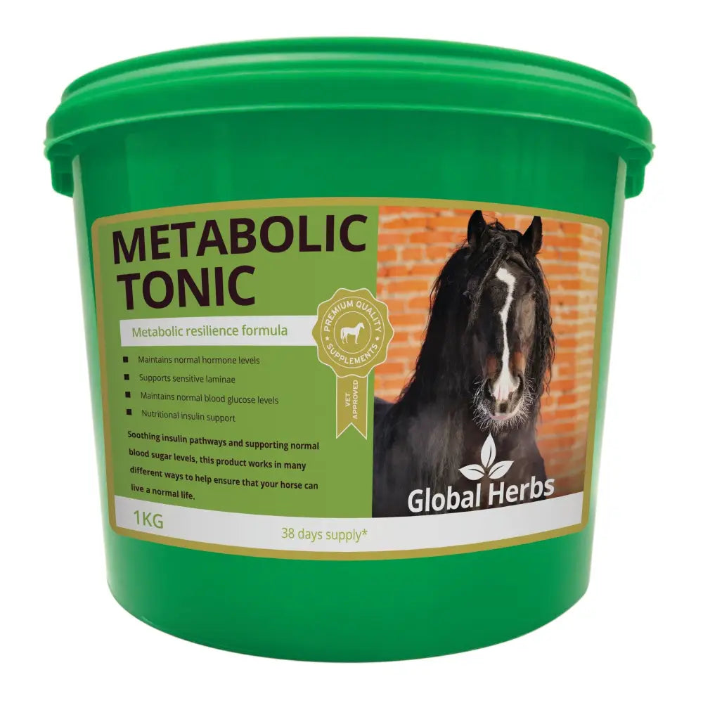 Green plastic bucket of global herbs metabolic tonic 1kg vet-approved supplement for horses supporting blood glucose and insulin levels