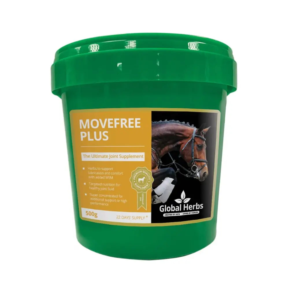 Green plastic bucket of global herbs movefree plus ultimate premium joint supplement for horses equine joint supplements