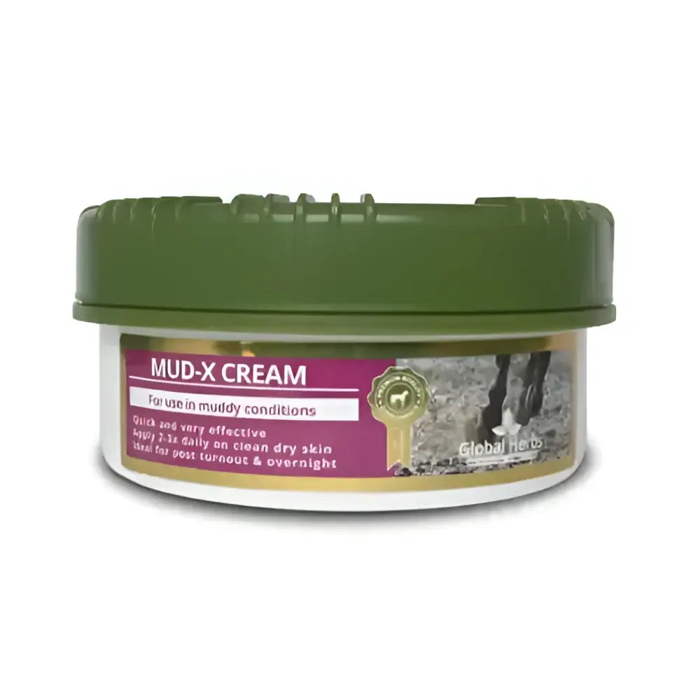 Green-lidded jar of global herbs mud-x cream 200g white tub with purple label for muddy winter conditions